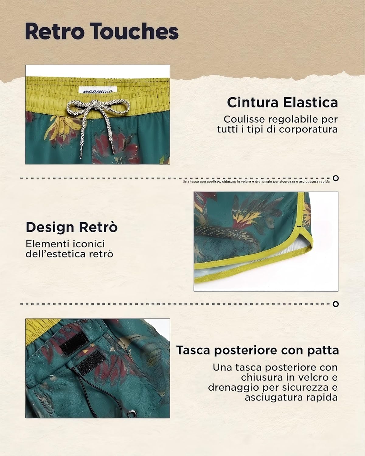 Thumbnail 4 de MaaMgic costume uomo mare vintage a asciugatura rapida con fodera in rete e 3 tasche