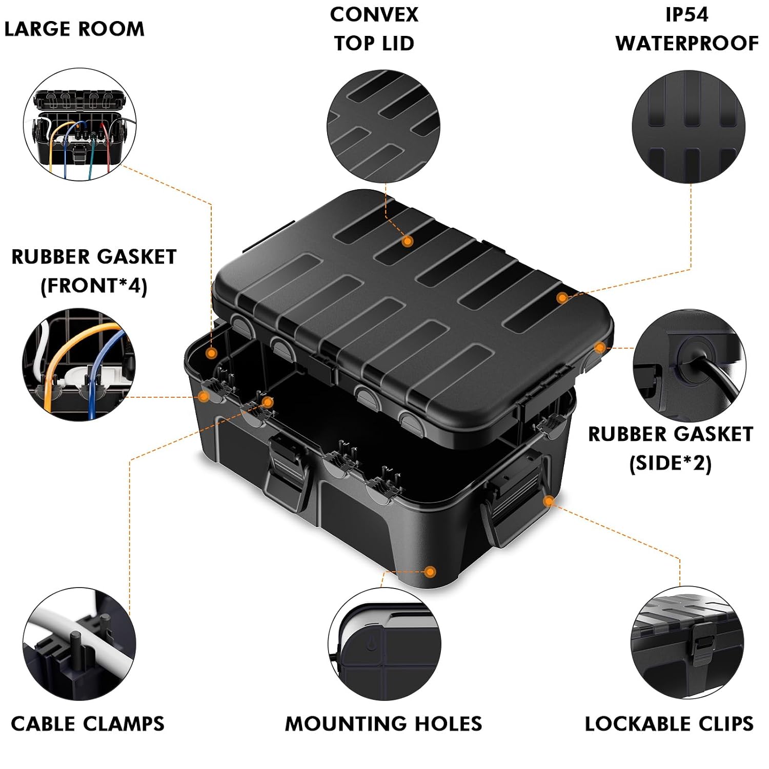 Detalle 2 de RESTMO IP54 Extra Large Outdoor Electrical Box, 6 Cable Entries, Black