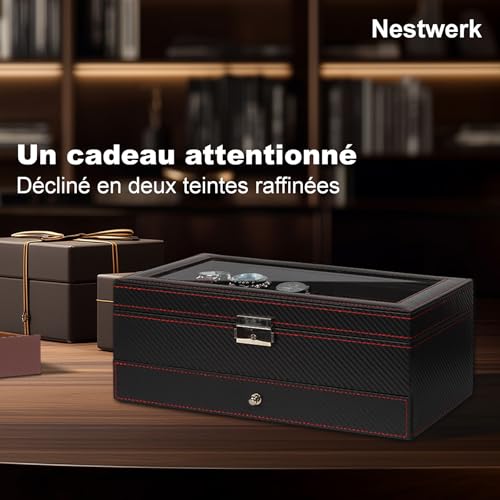 Detalle de Nestwerk Boîte à Montres Homme — Rangement 2 Niveaux avec Couvercle en Verre, 6 Emplacements et 3 Compartiments Lunettes