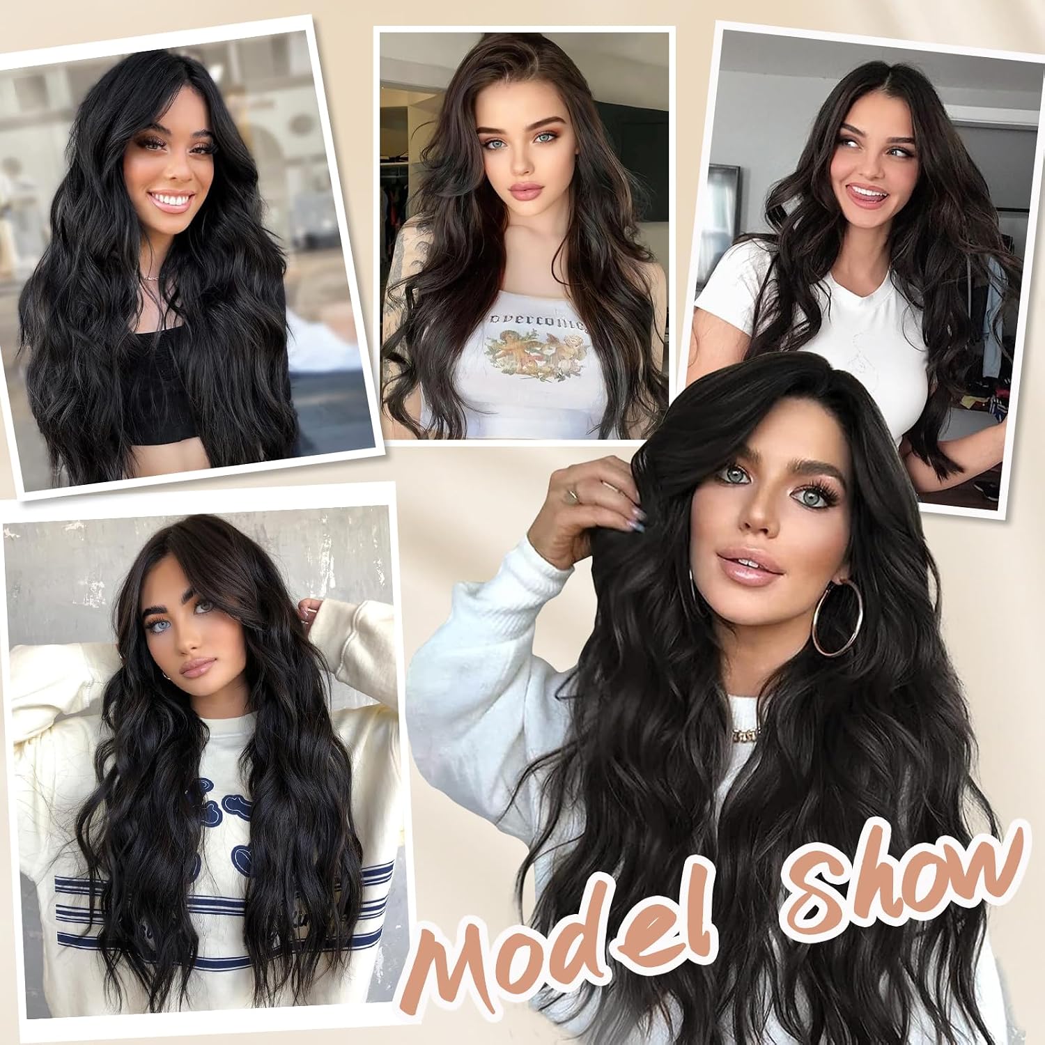 Detalle de NAYOO 229219 26-Inch Long Wavy Black Synthetic Wig with Middle Part