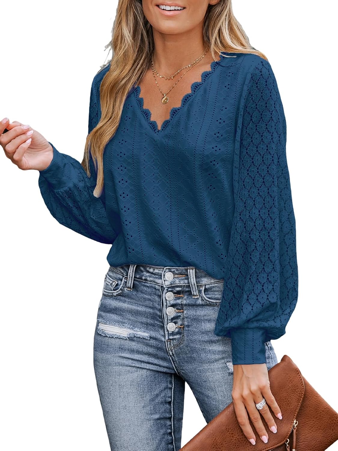 Detalle de CUPSHE camicetta donna con pizzo intagliato, scollo a V e orlo smerlato