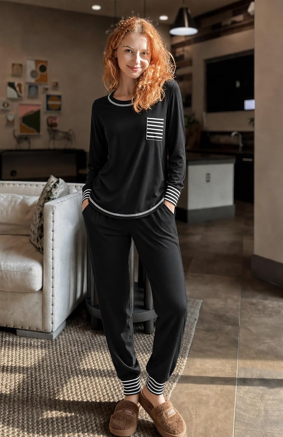 Detalle 2 de Ekouaer #EKY005476 Women's Long-Sleeve Pyjama Set with Jogger Pants