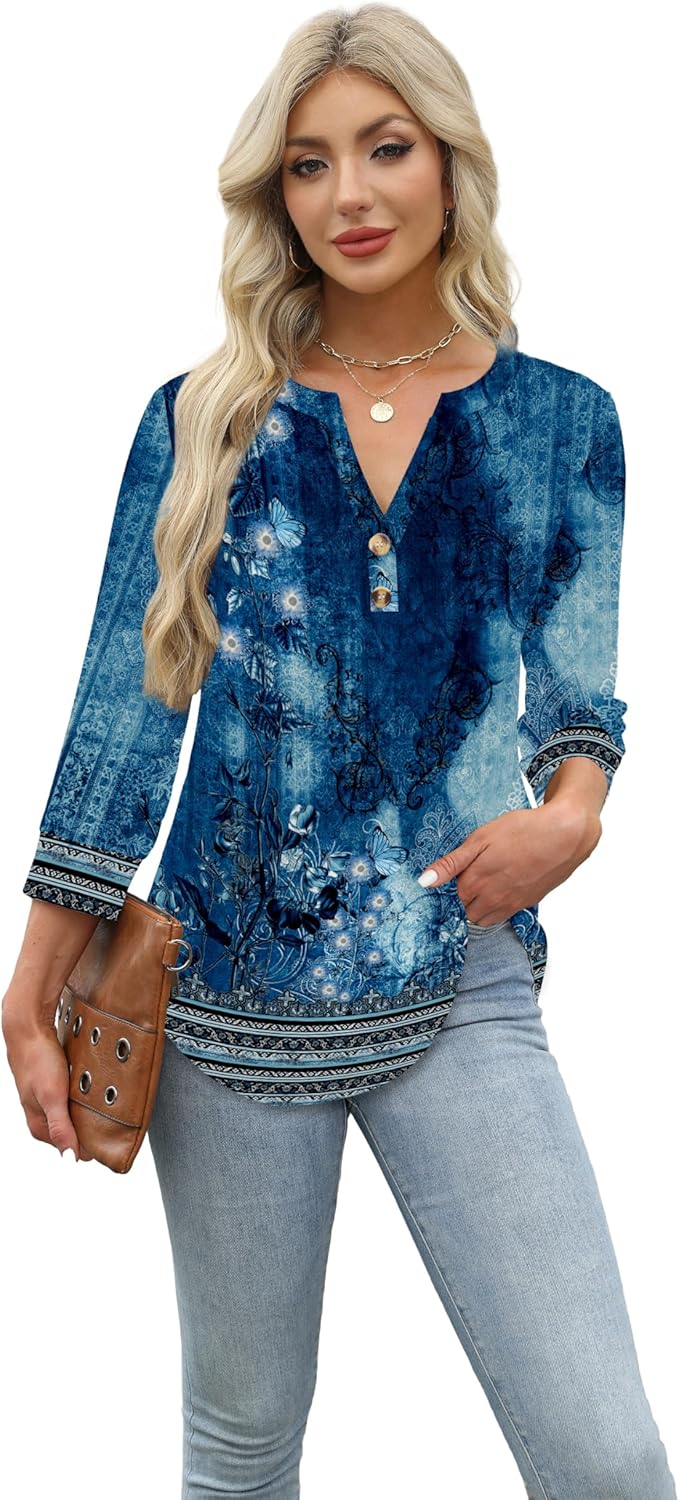 Thumbnail 2 de Aokosor Women's 3/4 Sleeve V-Neck Tunic Blouse - Everyday Office-Ready Top