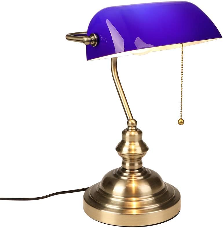 Detalle de FIRVRE Tischlampe Blau Glas Vintage – Bankerlampe mit Zugkettenschalter