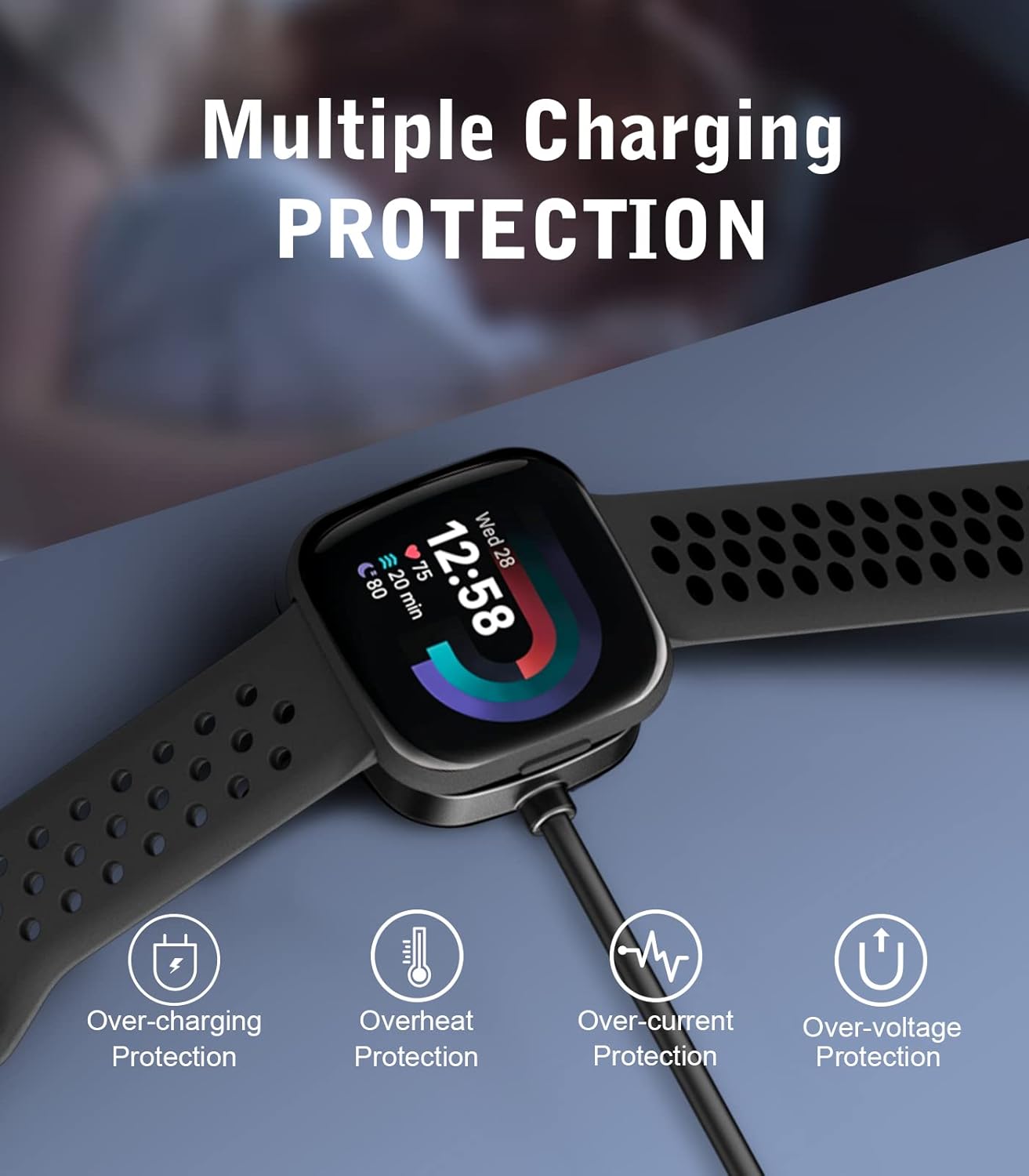 Detalle de MoKo Magnetic Replacement Charger for Fitbit Versa 4/Versa 3/Sense 2/Sense — USB Cable 1m, Black