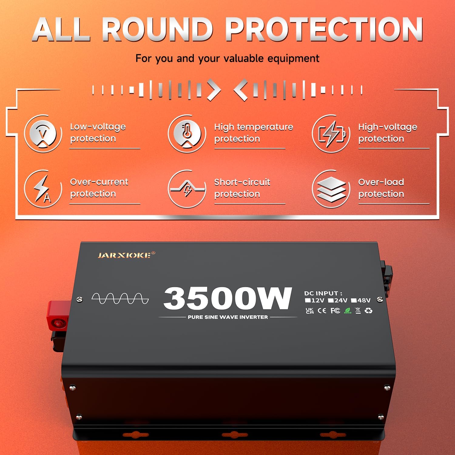 Detalle 2 de 3500W Wechselrichter 12V auf 230V Reiner Sinus mit Fernbedienung, LCD, 2× EU-Steckdose, USB und Type-C