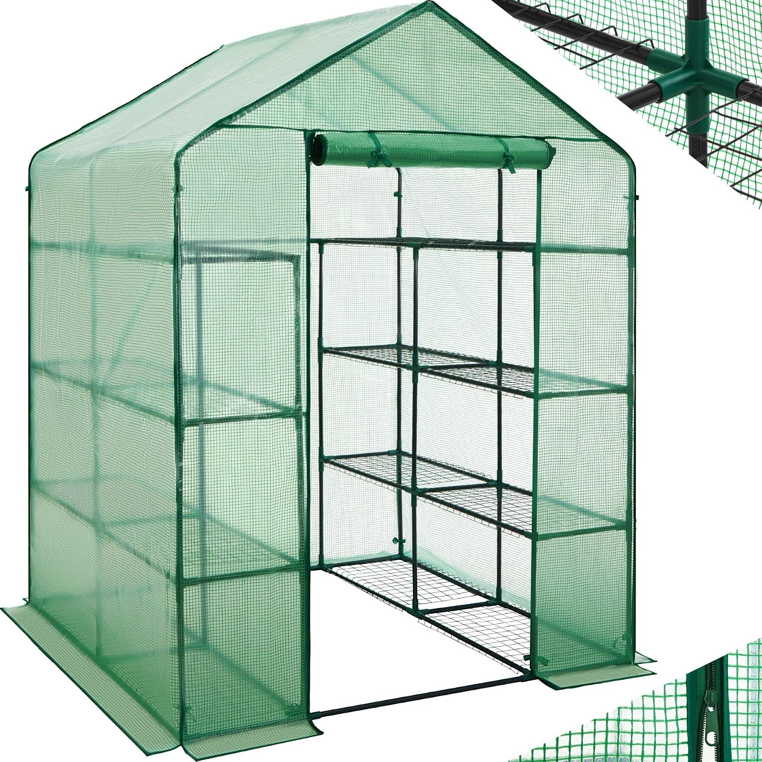Detalle de tectake 401860-SE växthus med stålram, 16 hyllplan och UV-stabiliserad folie