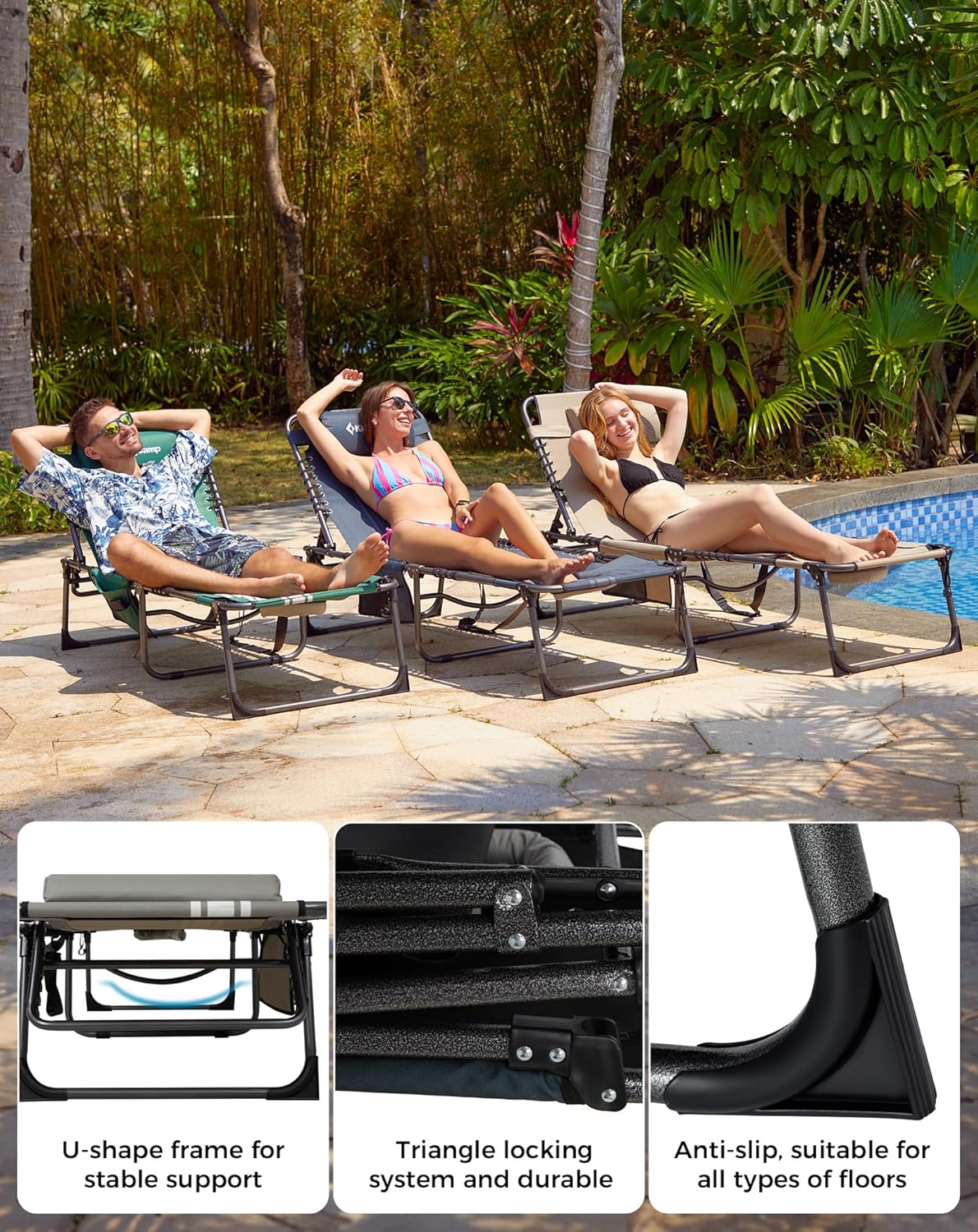 Detalle 2 de KingCamp Sun Lounger with Face Hole (up to 180 kg) – 5-position folding tanning chair for garden and beach