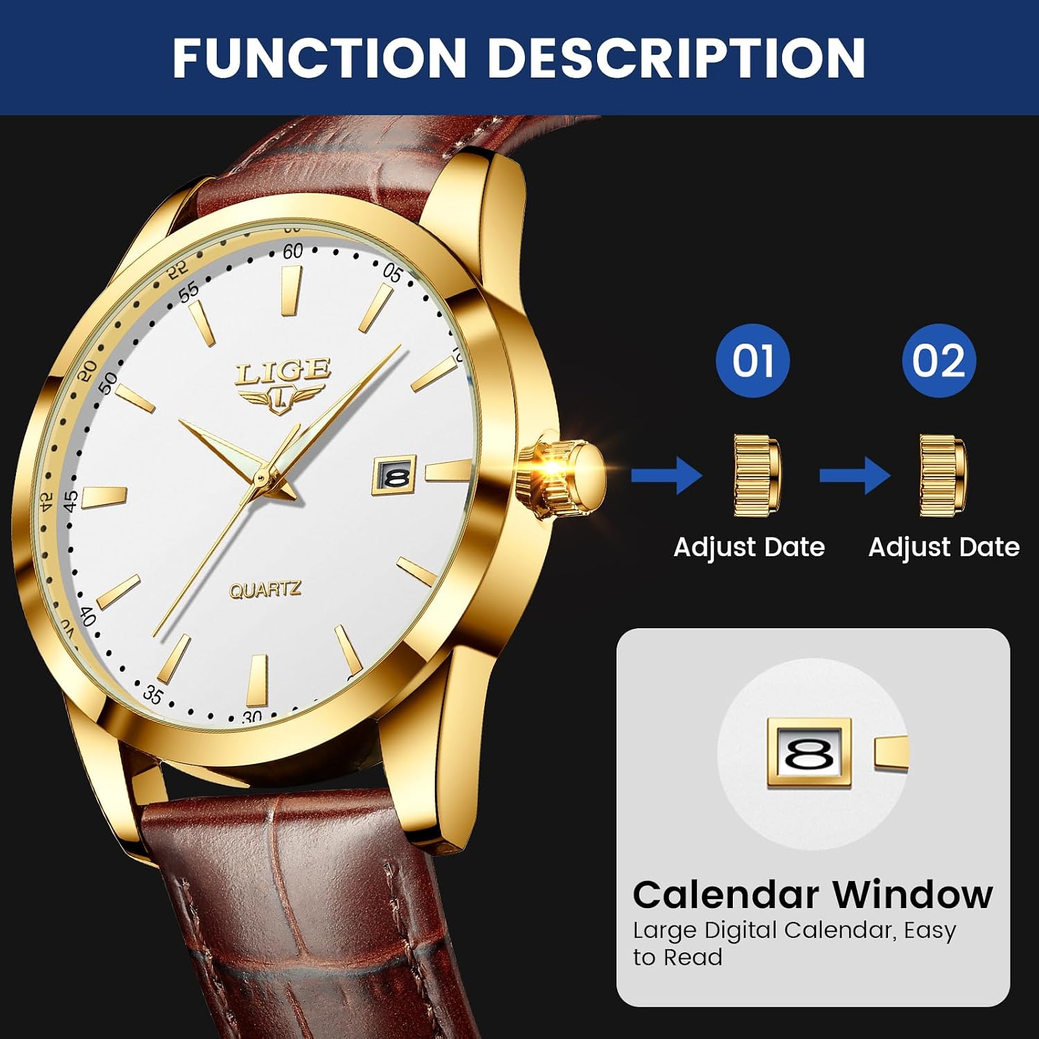 Detalle 2 de LIGE Mens Watches Waterproof Analogue Vintage Quartz with Date, Brown Leather – Gold/White