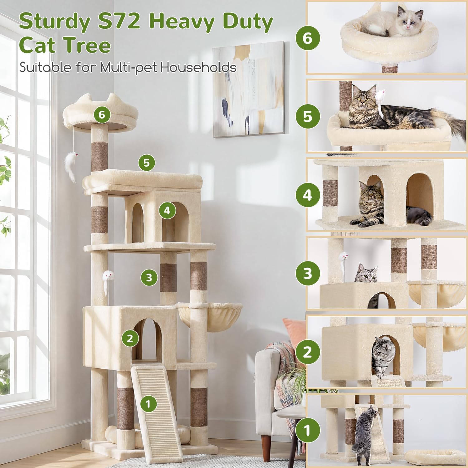 Detalle 2 de Globlazer S72 Heavy-Duty Cat Tree, 72-Inch, 6 Levels, Beige