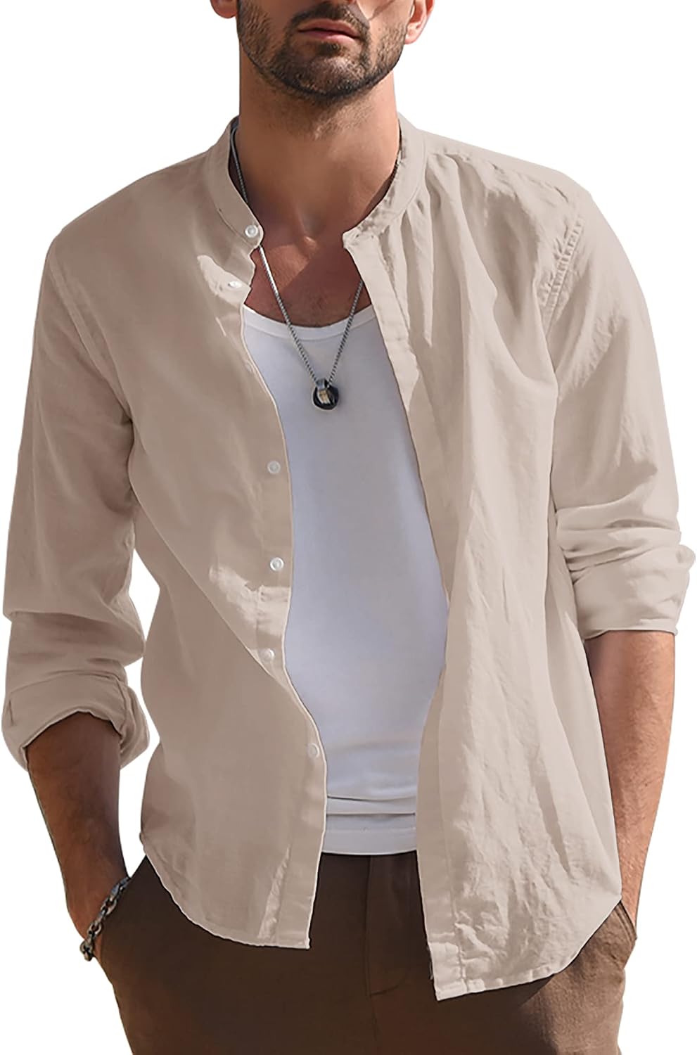 Thumbnail 1 de LVCBL Mens Casual Cotton Shirt Long Sleeve Band Collar Henley Shirt Tops
