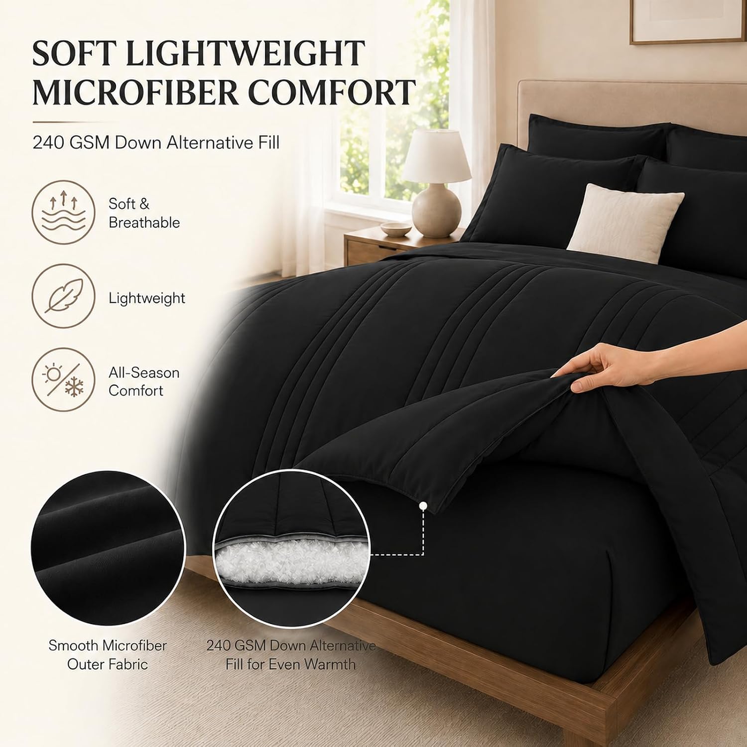 Thumbnail 1 de Velorose Queen Comforter Set Black – 7-Piece Bed in a Bag for All Seasons