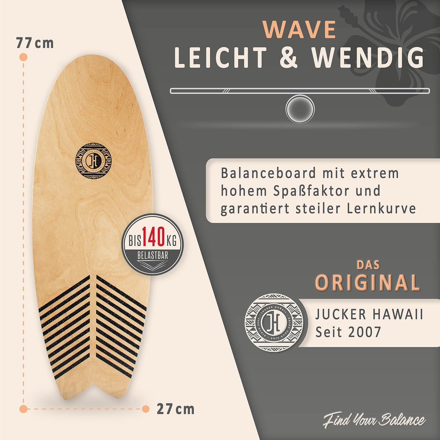 Detalle de JUCKER HAWAII Balance Board WAVE – Trick & Surf Balanceboard (100% Echtholz) mit rutschfester Oberfläche