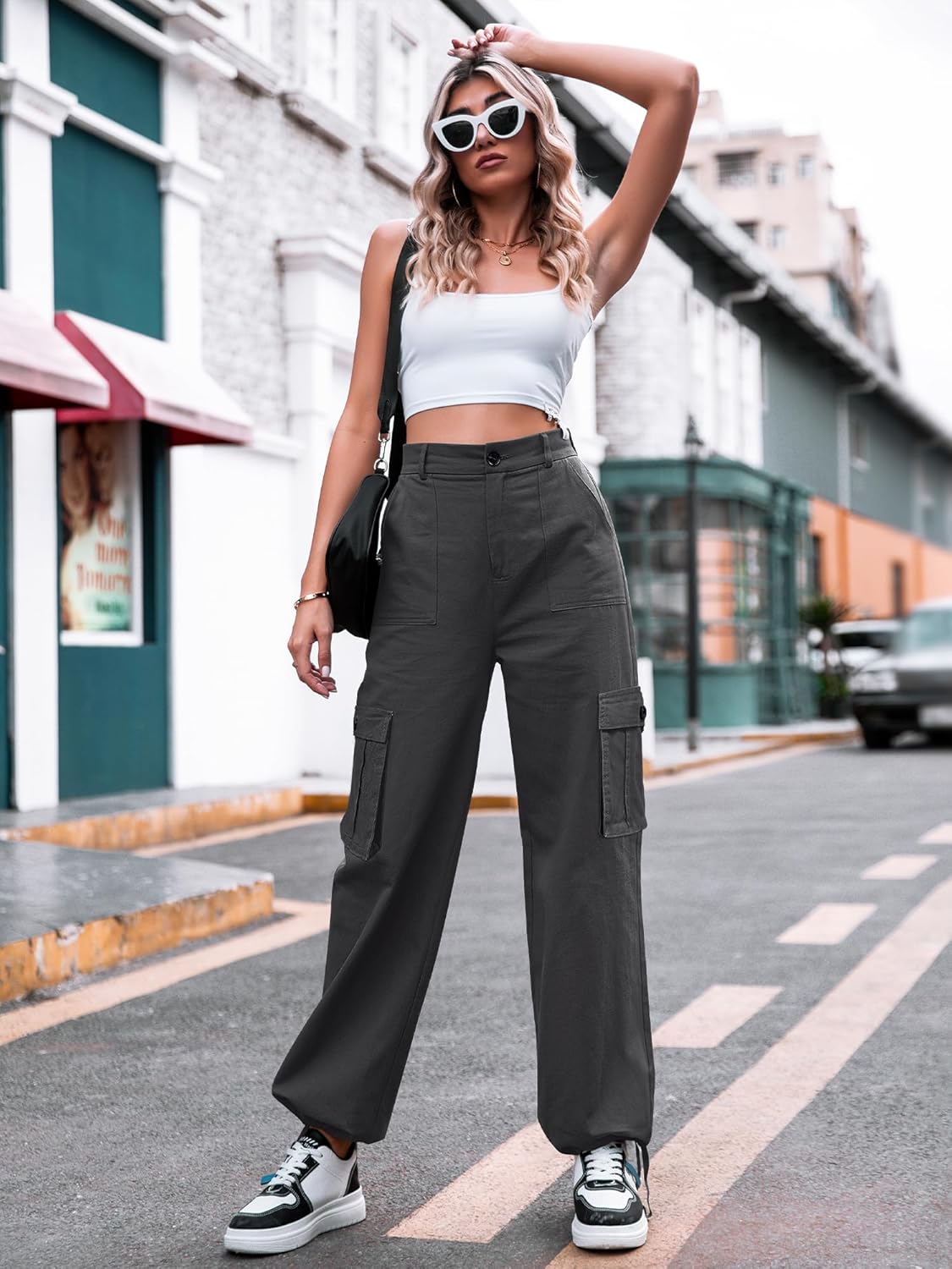 Detalle de Dordanity Y2K Cargohose für Damen – Baggy High Waist mit 6 Taschen aus Baumwollmischung
