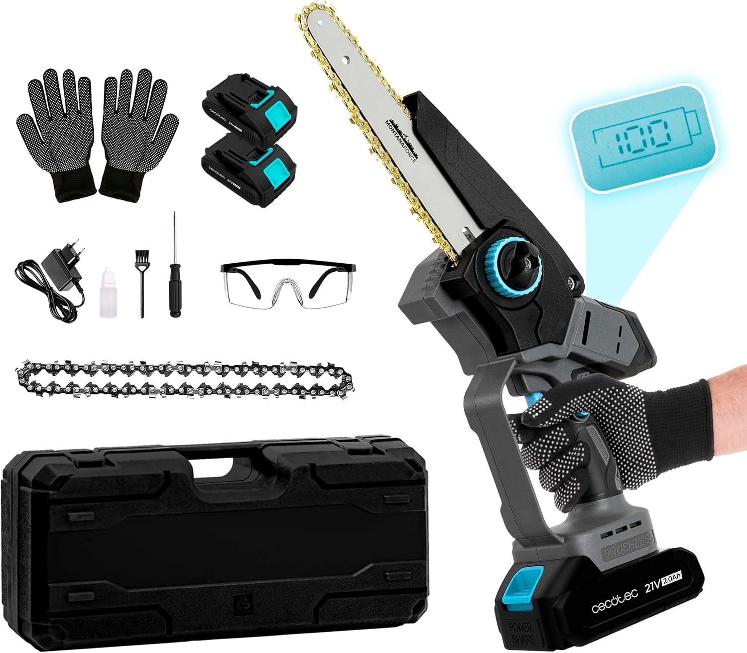 Cecotec Motosega elettrica a batteria 8" 21V MontanaForce 8000 Hand con 2 batterie Nexus