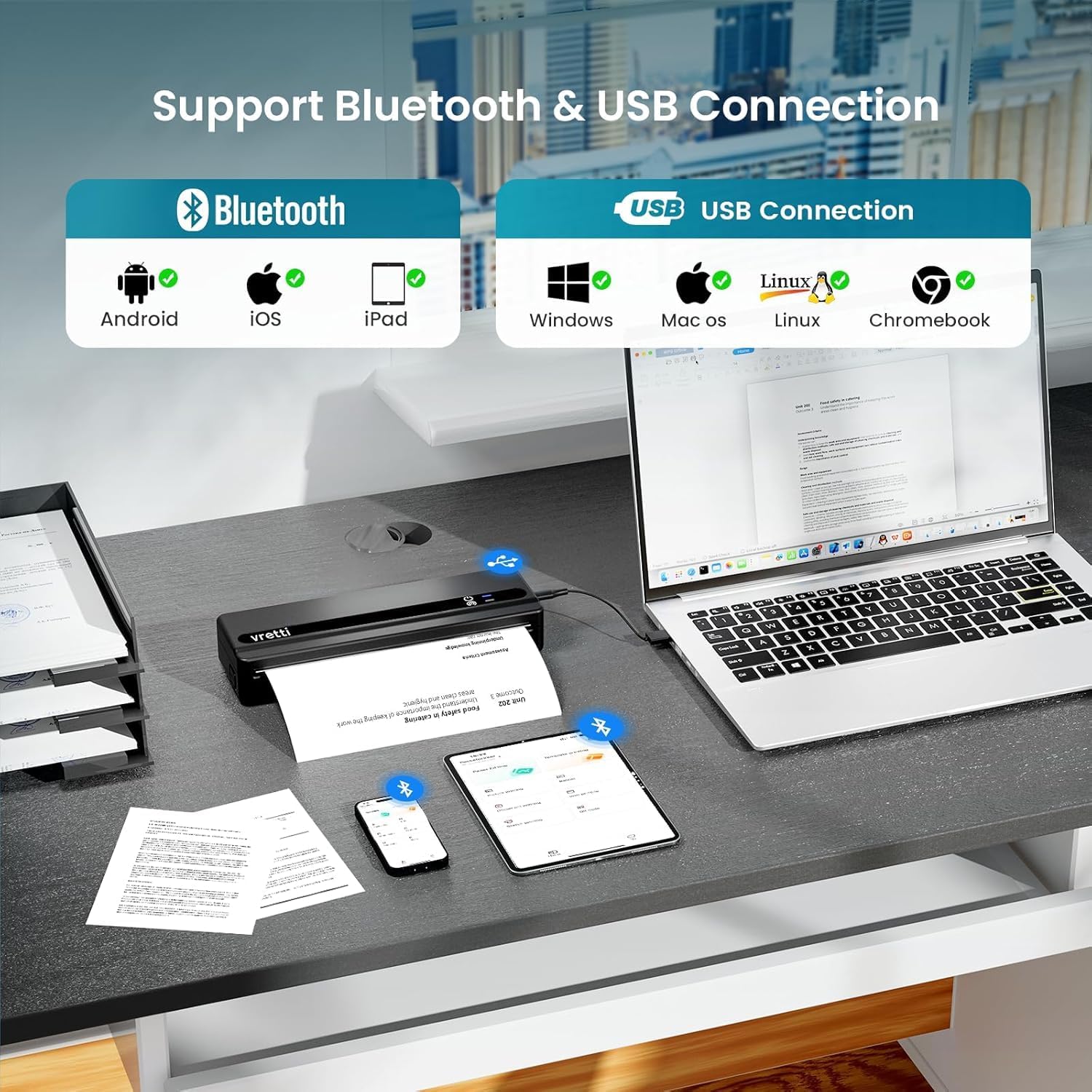Detalle de vretti PB821 Portable Inkless Printer: Compact A4 Thermal Printer with Bluetooth & USB, Android/iOS Compatible