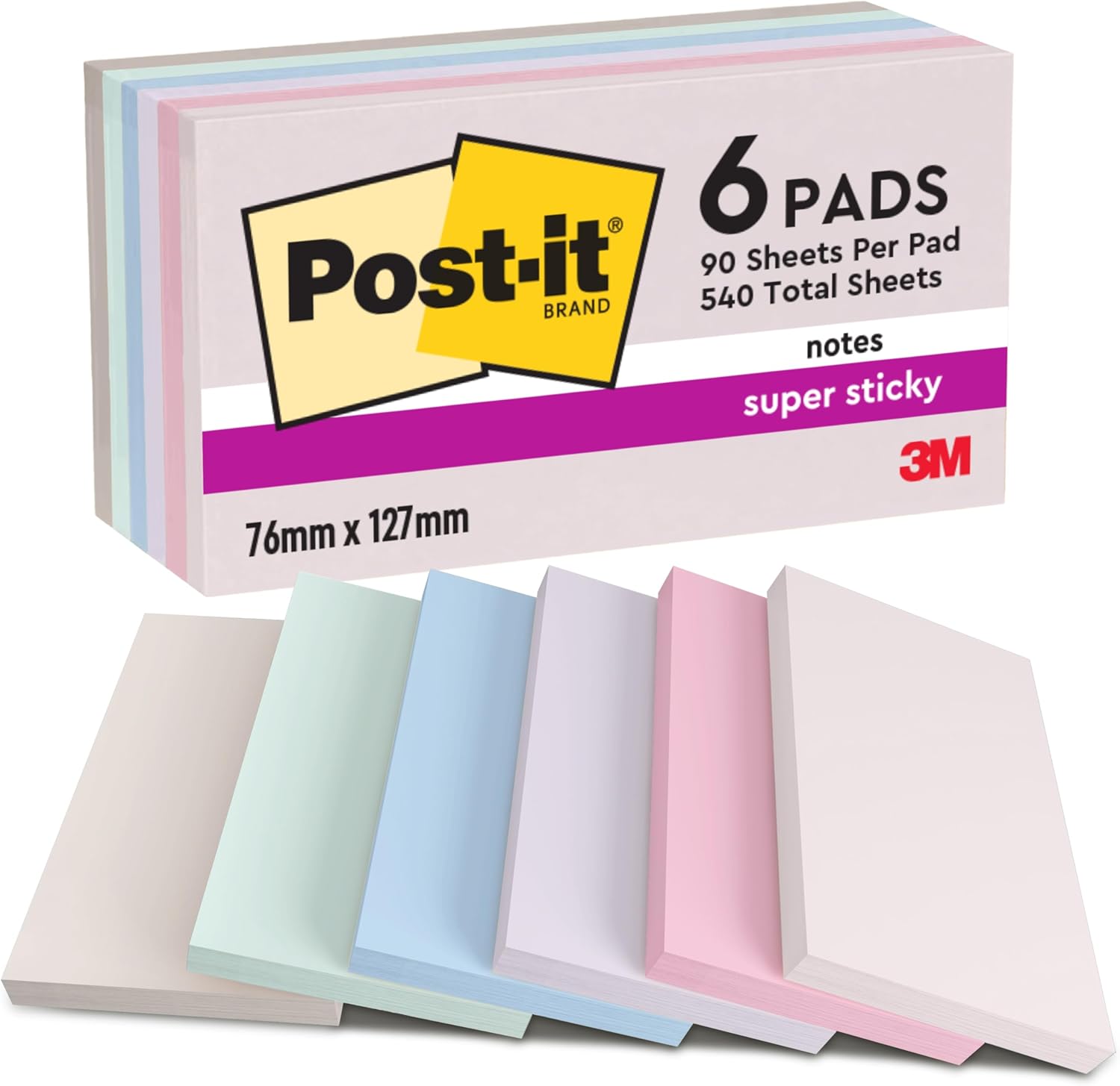 Detalle de Post-it Super Sticky Notes Packung mit 6 Blöcken (76 x 127 mm) – Pink, Lila, Grün, Grau, Blau | Extra-stark klebend
