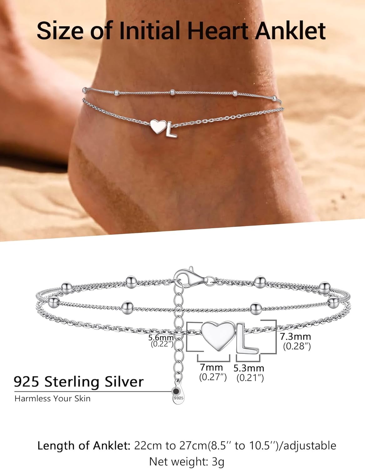 Detalle de PROSILVER Women Sterling Silver Heart Anklet with A-Z Initial Charm