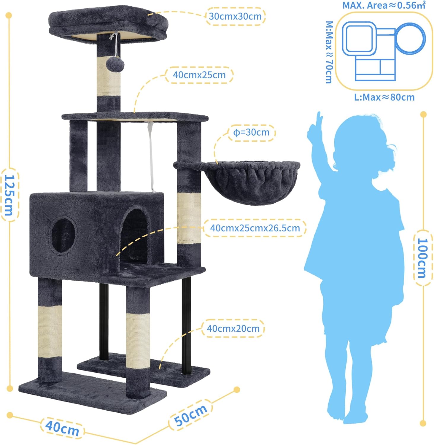 Thumbnail 5 de Heybly Arbre à chat HCT200SG gris anthracite (125 cm) avec niche, plateformes et griffoir en sisal