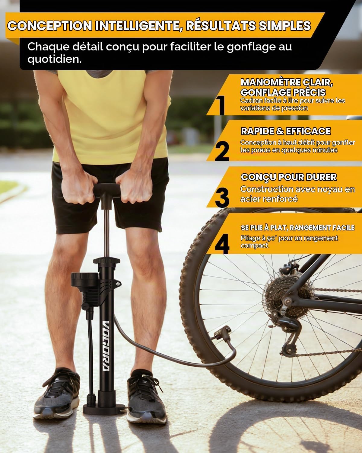 Detalle de VOGORA VuePro fietspomp met manometer, Presta- en Schraderkop