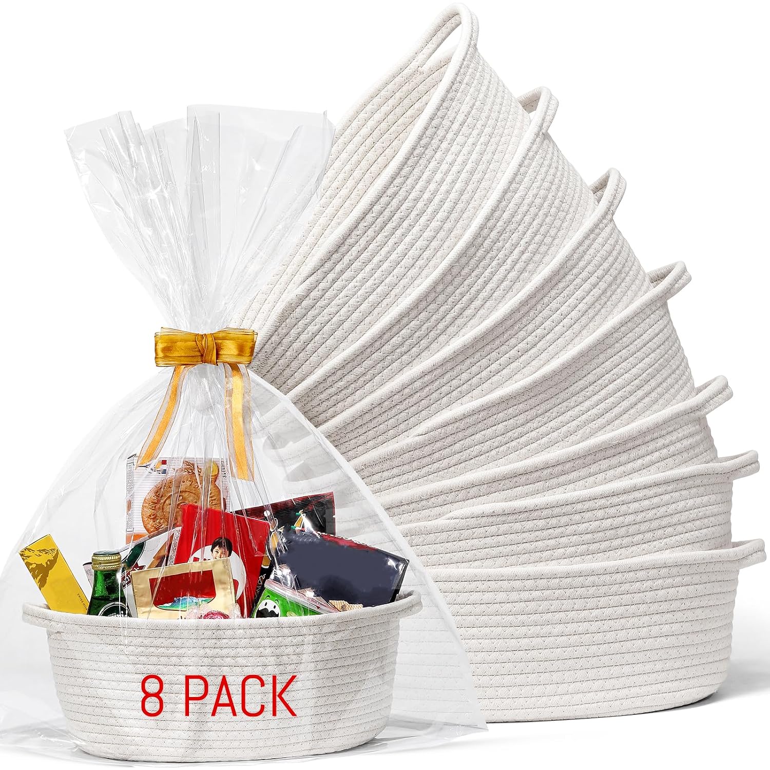 Detalle de LANDNEOO 8-Pack Woven Cotton Rope Baskets with Gift Bags and Ribbons, White