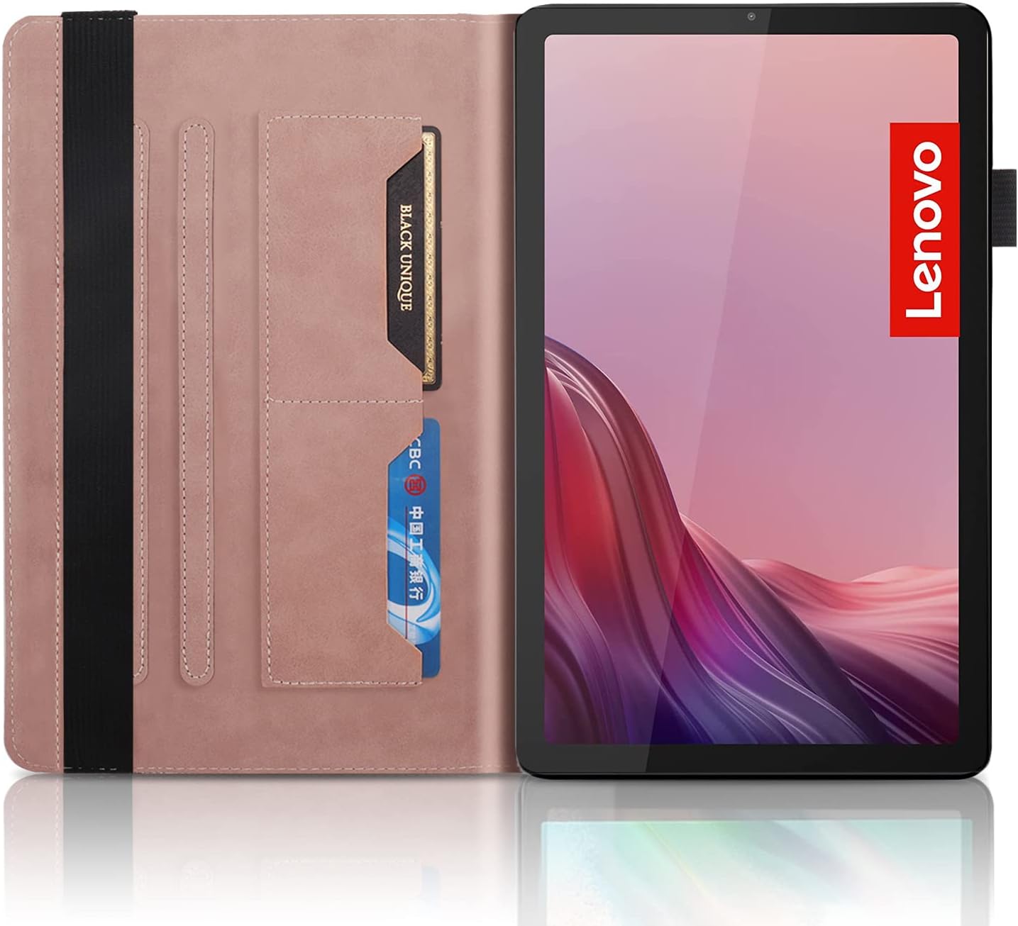 Detalle 2 de Succtopy Hülle für Lenovo Tab M9 HD 9 Zoll TB-310FU 2023 – Ledertasche mit Stifthalter, Standfunktion und Kartenfach in Roségold