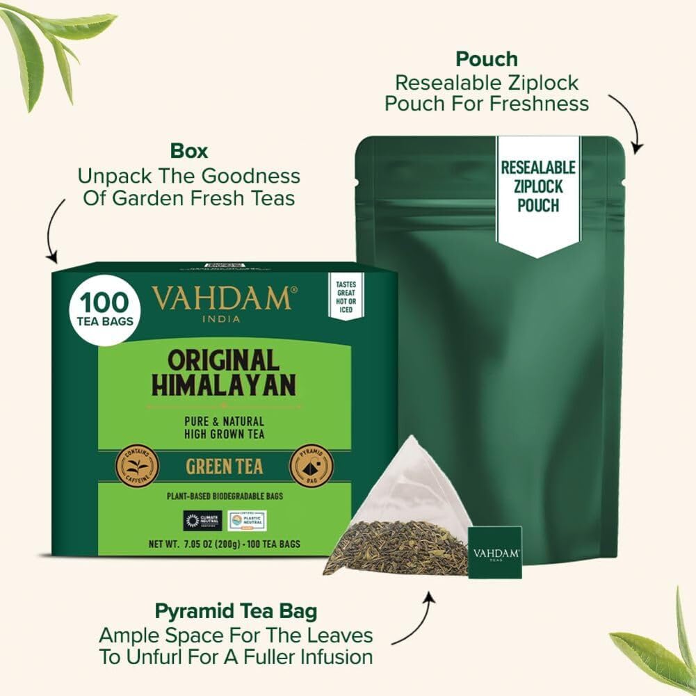 Detalle 2 de VAHDAM Himalayan Té Verde 🌿 100 Bolsitas Puras en India