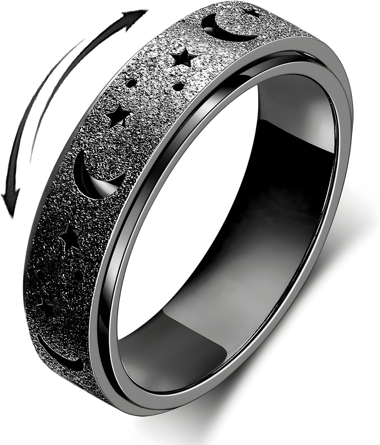 LuckyAmor Anxiety Spinner Ring (Moon & Star) for Women — Stainless Steel Rotating Fidget Band, Sizes 6–10
