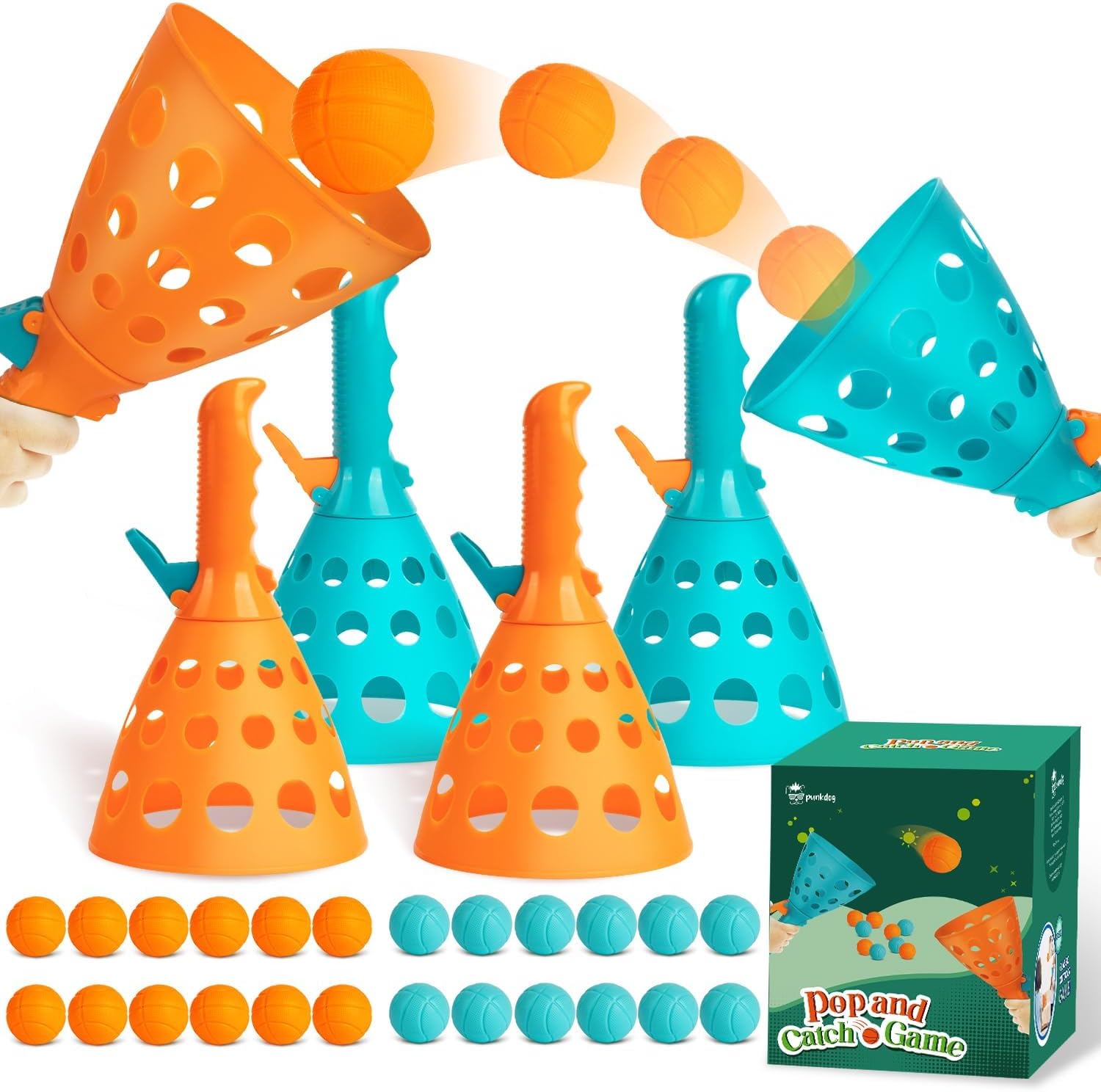 punkdog Pop and Catch Ball Game with 24 Balls and 4 Catch Launcher Baskets