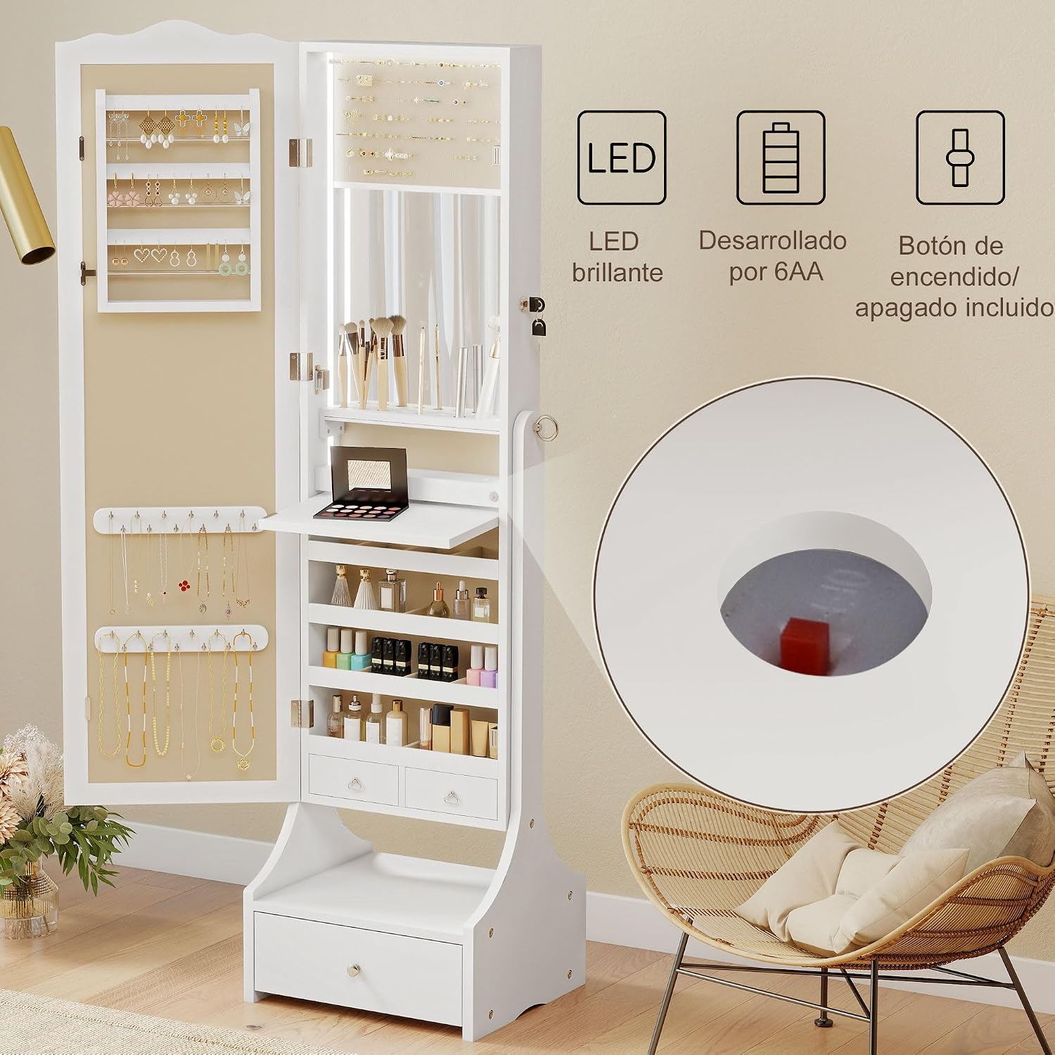 Detalle de HOMCOM Espejo Joyero con Luces LED, Cajones y Cerradura Blanc/Beige