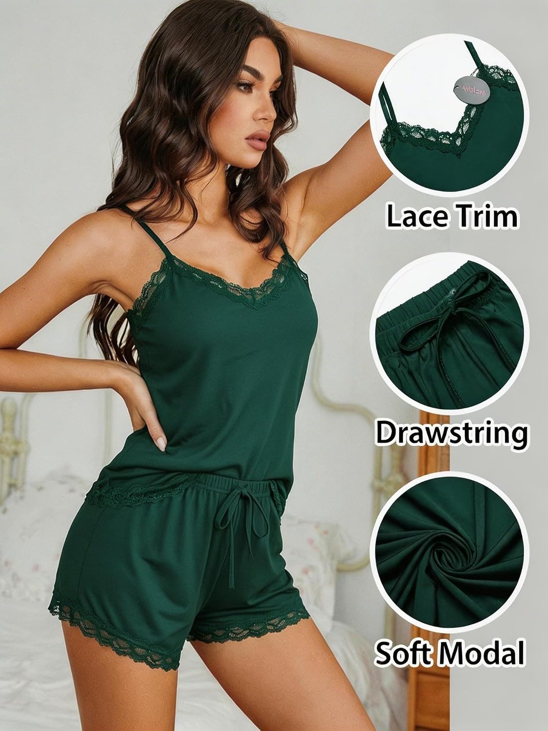 Detalle 2 de Avidlove Women Cami Pajama Set Modal Sleepwear Lace Trim Short PJ Set with Shorts