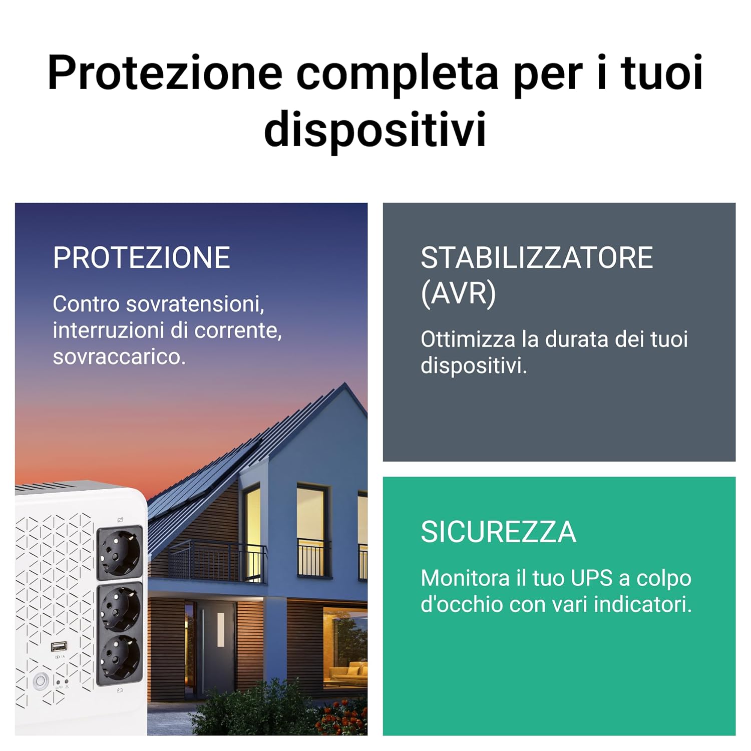 Detalle de Legrand UPS monofase Keor Multiplug LG-310082: 800 VA/480 W, 6 prese, USB e AVR