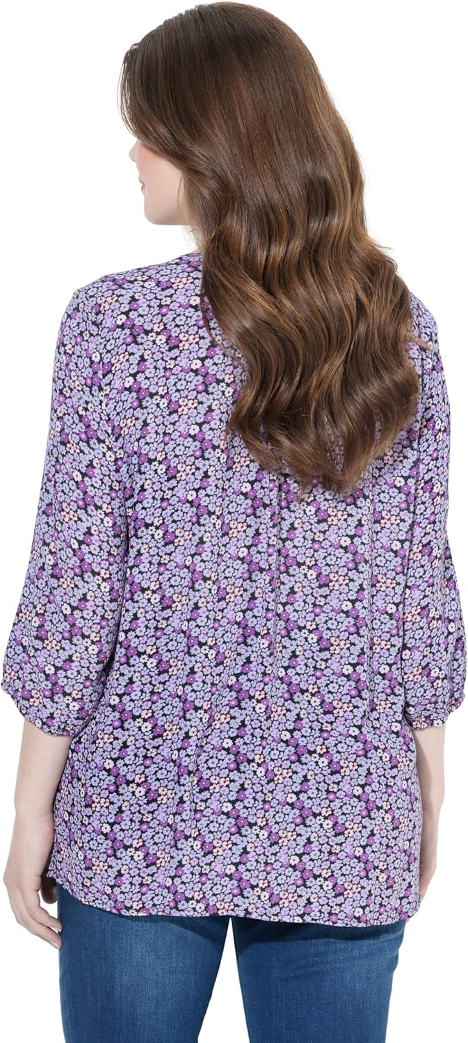 Detalle de Ulla Popken Smokbluse Große Größen – Blütenprint, A-Linie, Rundhals, 3/4-Arm