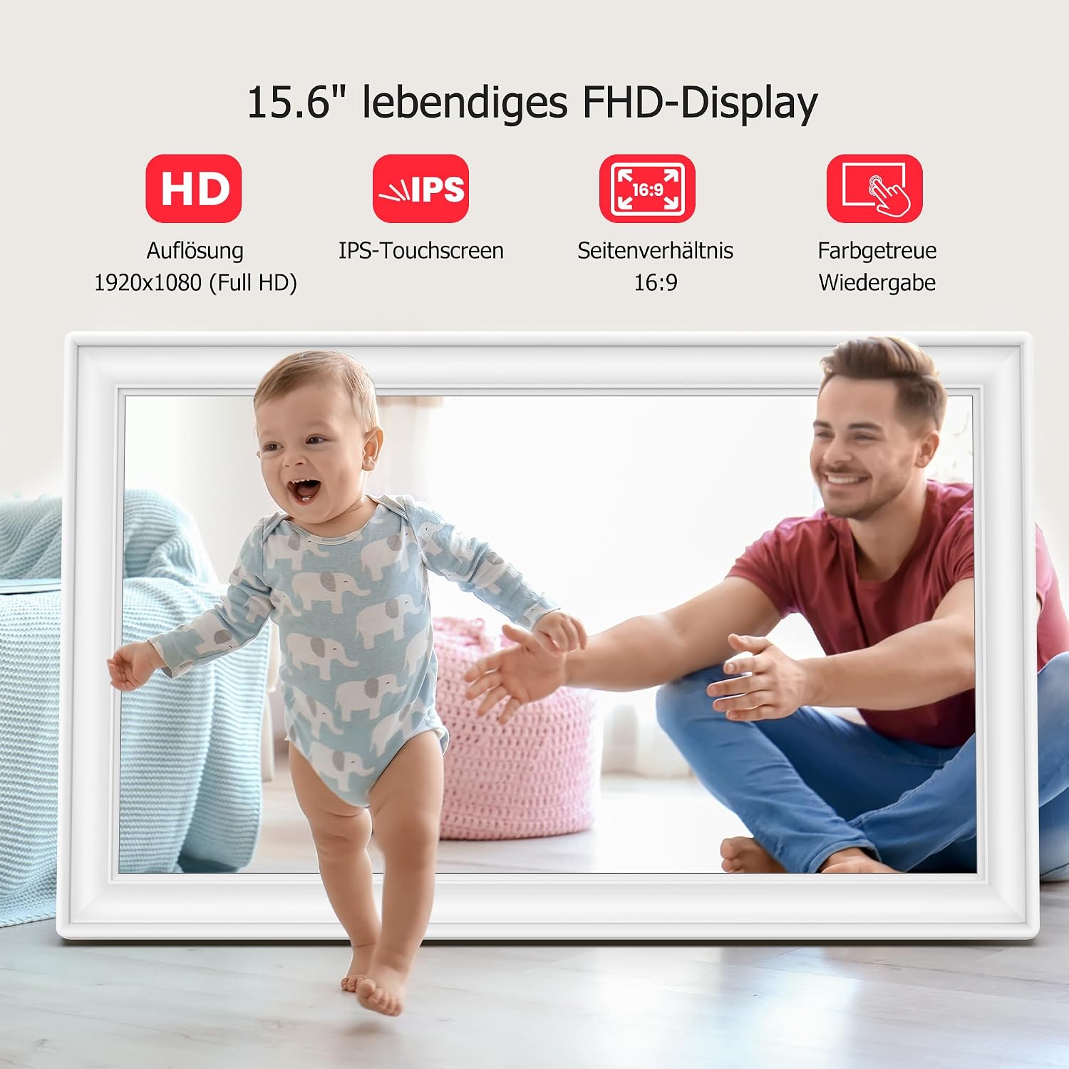 Detalle 2 de 64GB FRAMEO 15,6 Zoll Digitaler Bilderrahmen von Yalilia – FHD IPS Touchscreen, Auto Rotation