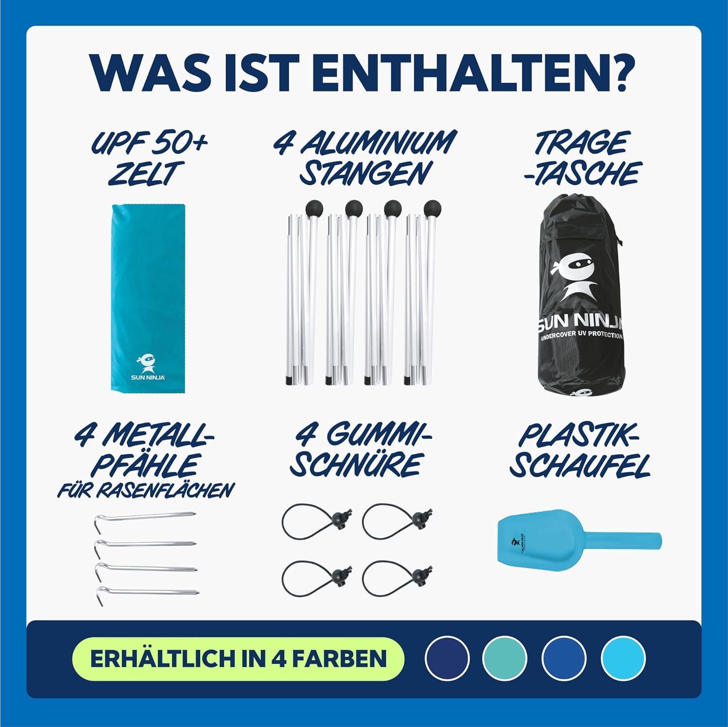 Thumbnail 3 de SUN NINJA Strandzelt – Sonnensegel LSF 50+ mit Sandschaufel, Heringen und Stabilitätsstangen für 4–8 Personen