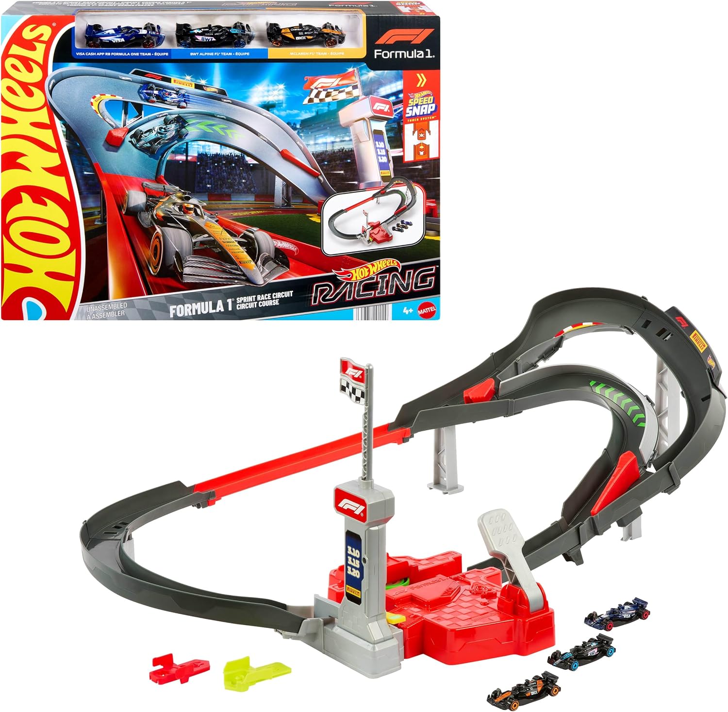 Hot Wheels Rennstrecke mit 3 1:64 Die-Cast Formel 1 Fahrzeugen – McLaren, Alpine & RB