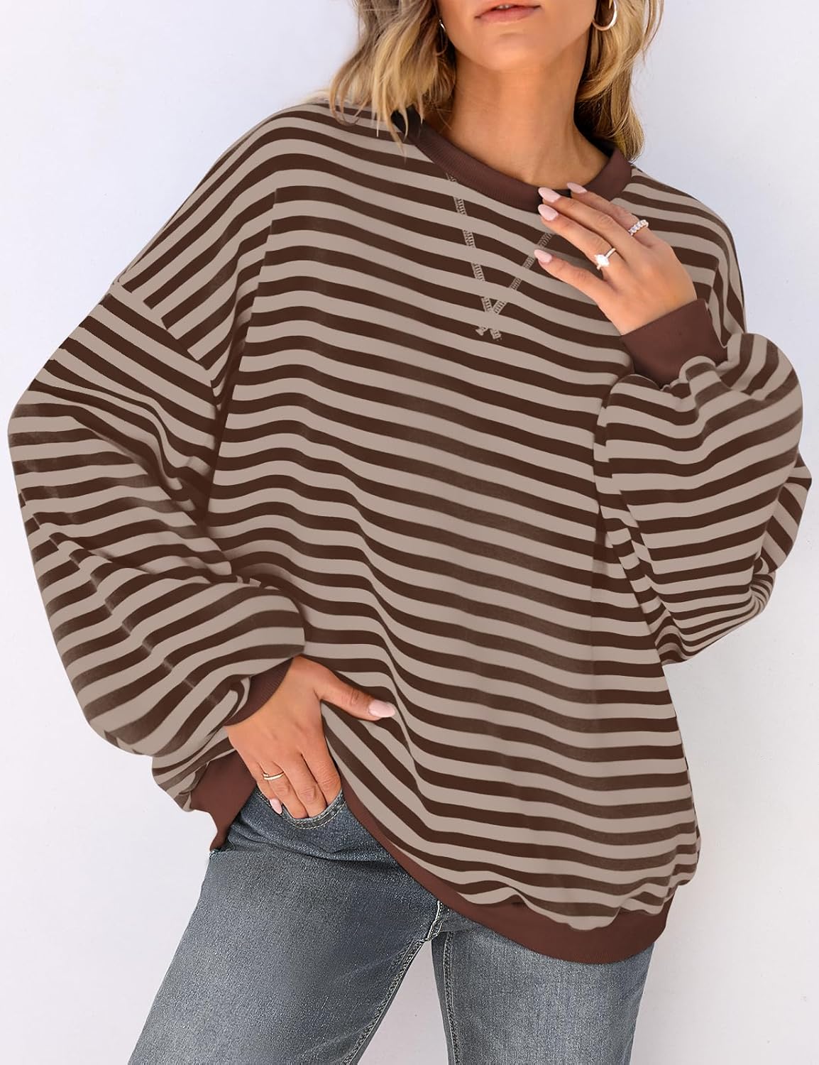 Thumbnail 1 de UEU Women Oversized Striped Crewneck Sweatshirt