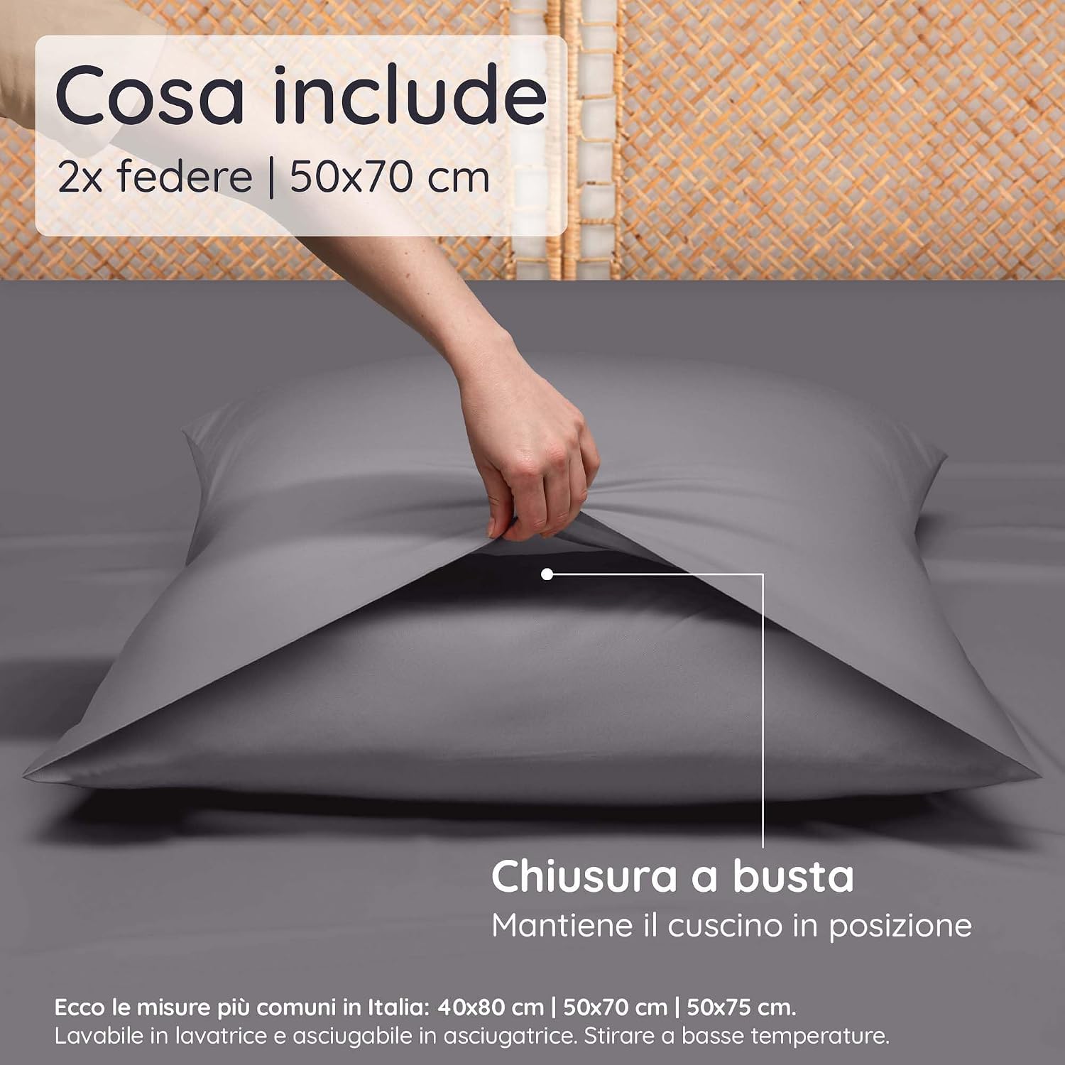 Detalle 2 de Bambaw Federe in bambù 50x70 cm (confezione da 2) anallergiche e antiacaro, grigio scuro