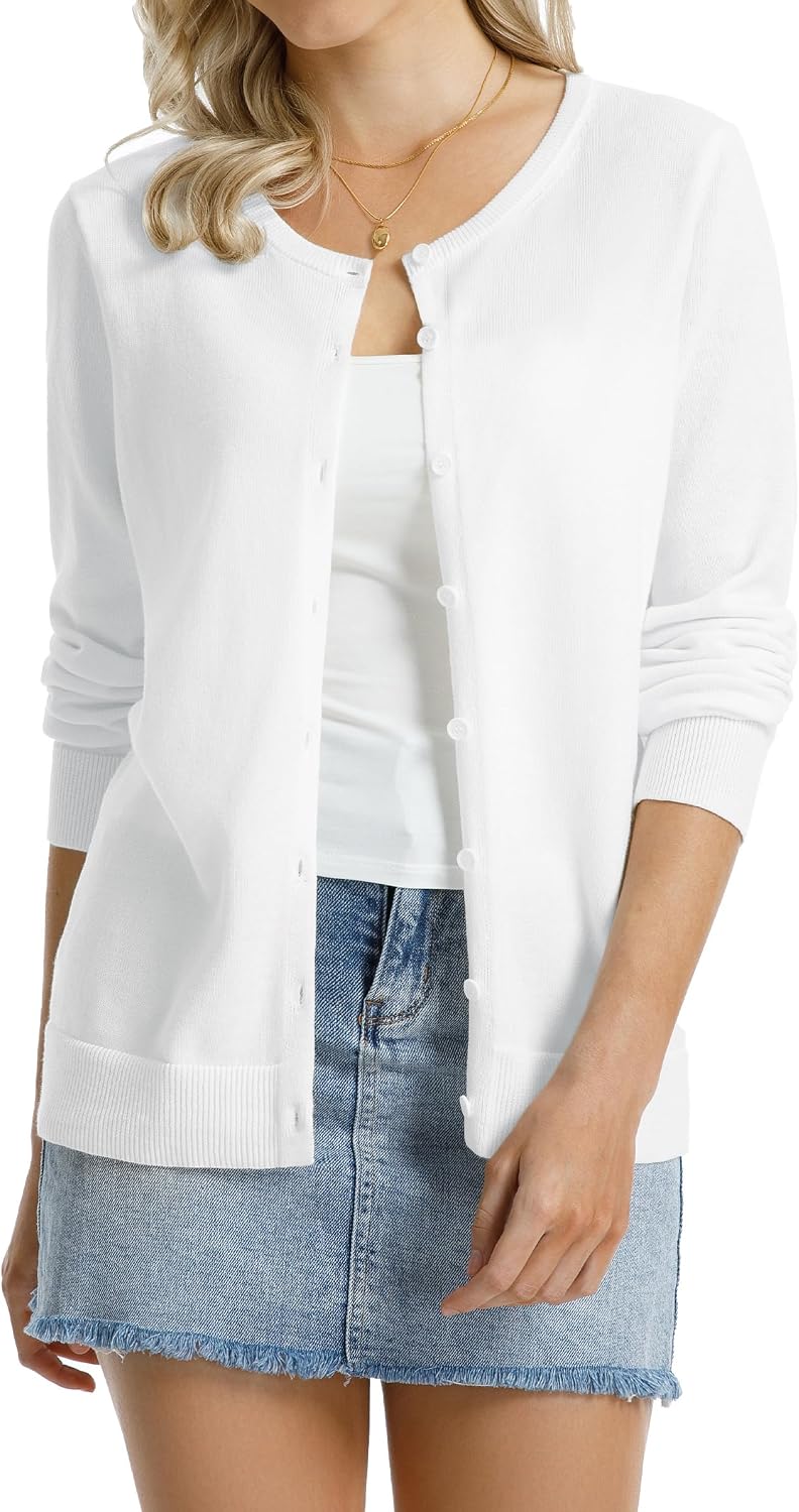Detalle de QUALFORT Women’s 100% Cotton Lightweight Cardigan (Long Sleeve, Button-Down)