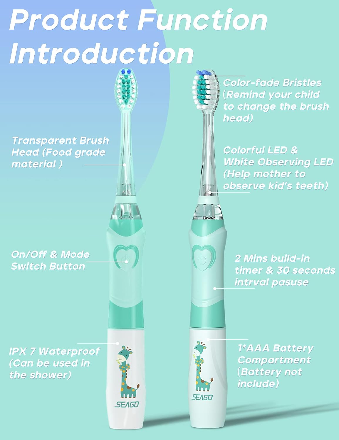 Detalle 1 de SEAGO SG-977 Kids Electric Toothbrush with Timer, Rainbow LED and 4 Heads