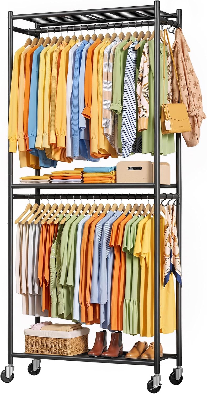 Detalle de Sakugi Clothes Rack with Shelves & Wheels (Black) 33.0" x 12.2" x 79.5