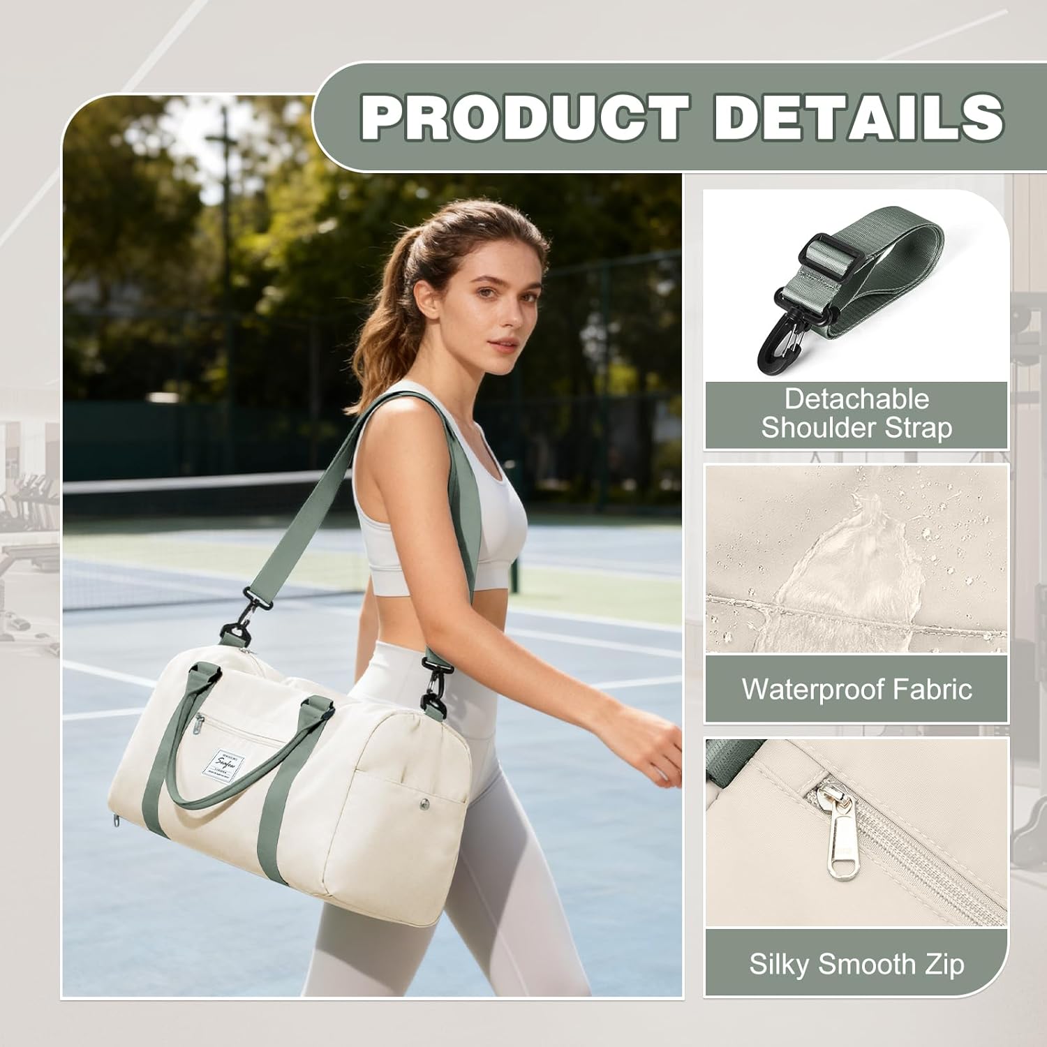 Thumbnail 5 de WEPLAN waterproof gym & travel bag with separate shoe compartment (beige green) for women and men