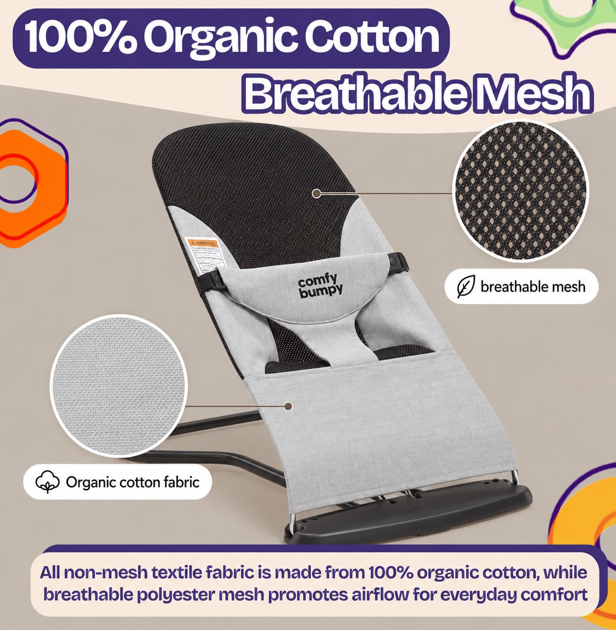 Detalle de ComfyBumpy Portable Baby Bouncer, Organic Cotton, 3 Recline Positions