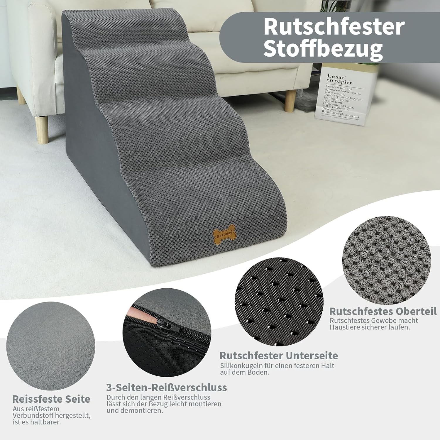 Detalle 2 de Nepfaivy 4-stufige Hundetreppe für kleine Hunde – 75×50×40 cm, abnehmbarer & waschbarer Bezug, rutschfester Boden
