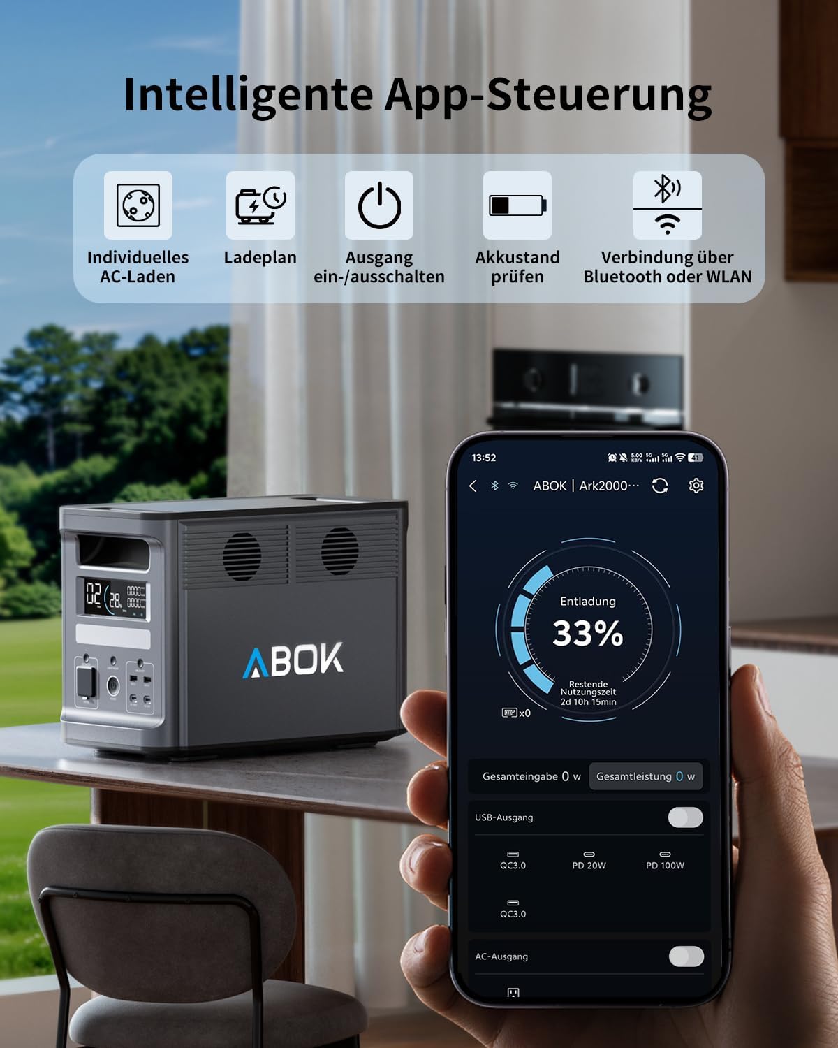Detalle de ABOK Ark2000 Powerstation mit 200 W Solarpanel – 1536 Wh LiFePO4, erweiterbar bis 4608 Wh