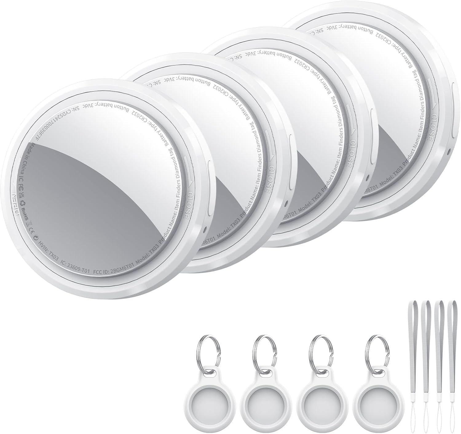 Tracker Tag Bianco scuro QCOQ (4 pezzi) Bluetooth per Apple Dov’è, con batteria sostituibile