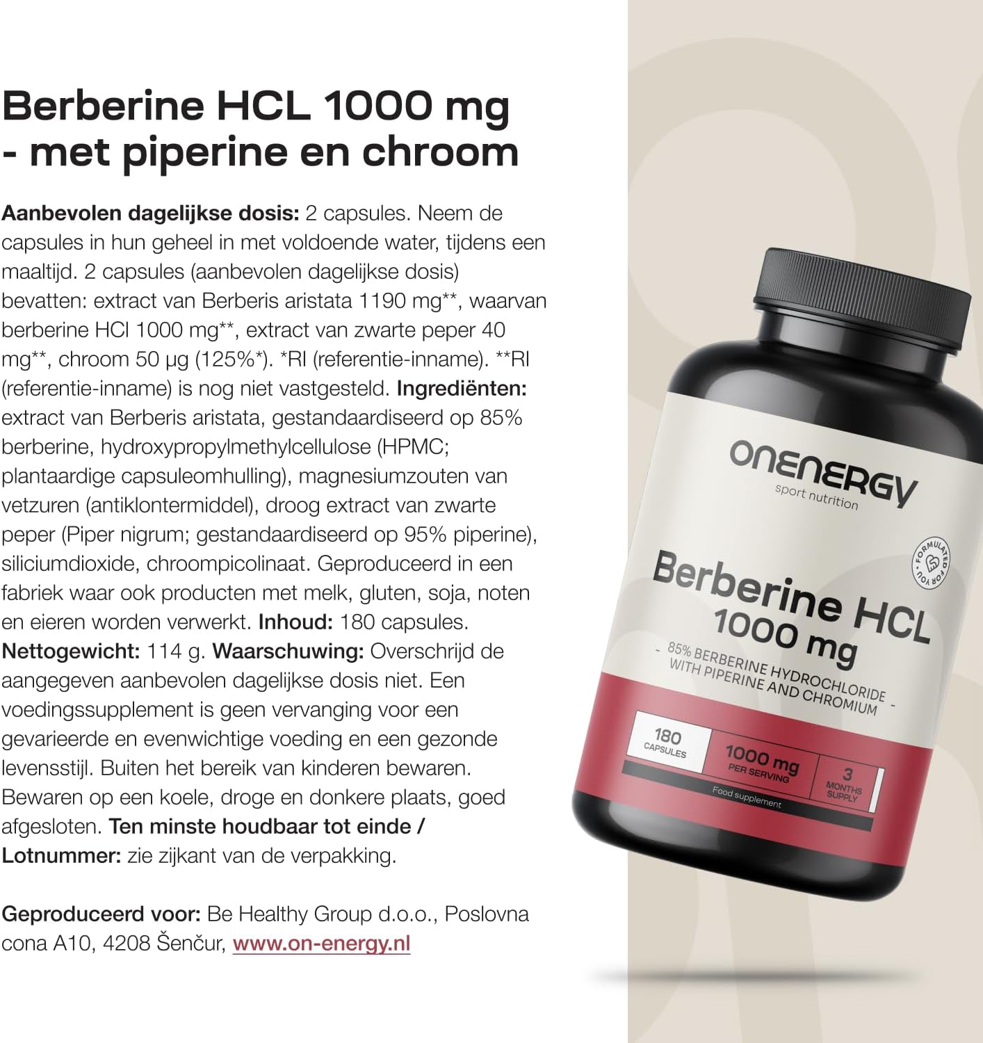 Detalle 2 de OnEnergy Berberine HCL 1000 mg, 180 capsules met piperine en chroom