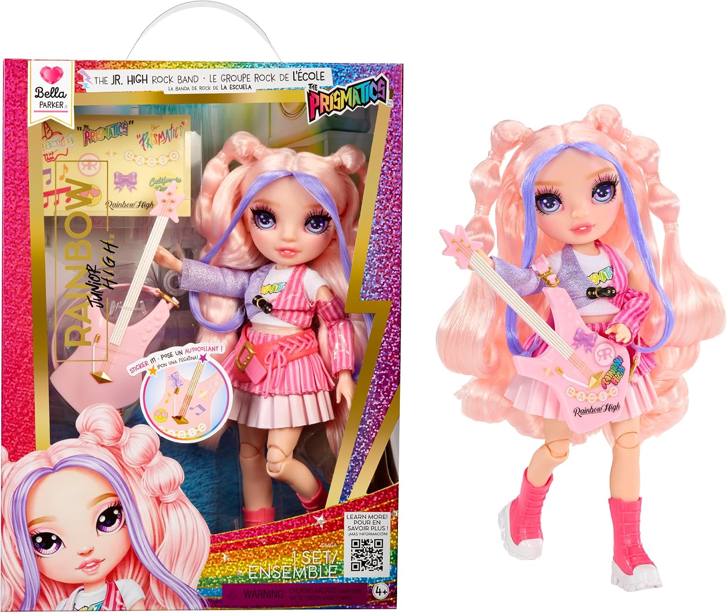 Detalle de Rainbow High Junior High Rock Band – Bella (Pink) Modepuppe mit Bassgitarre, 23 cm