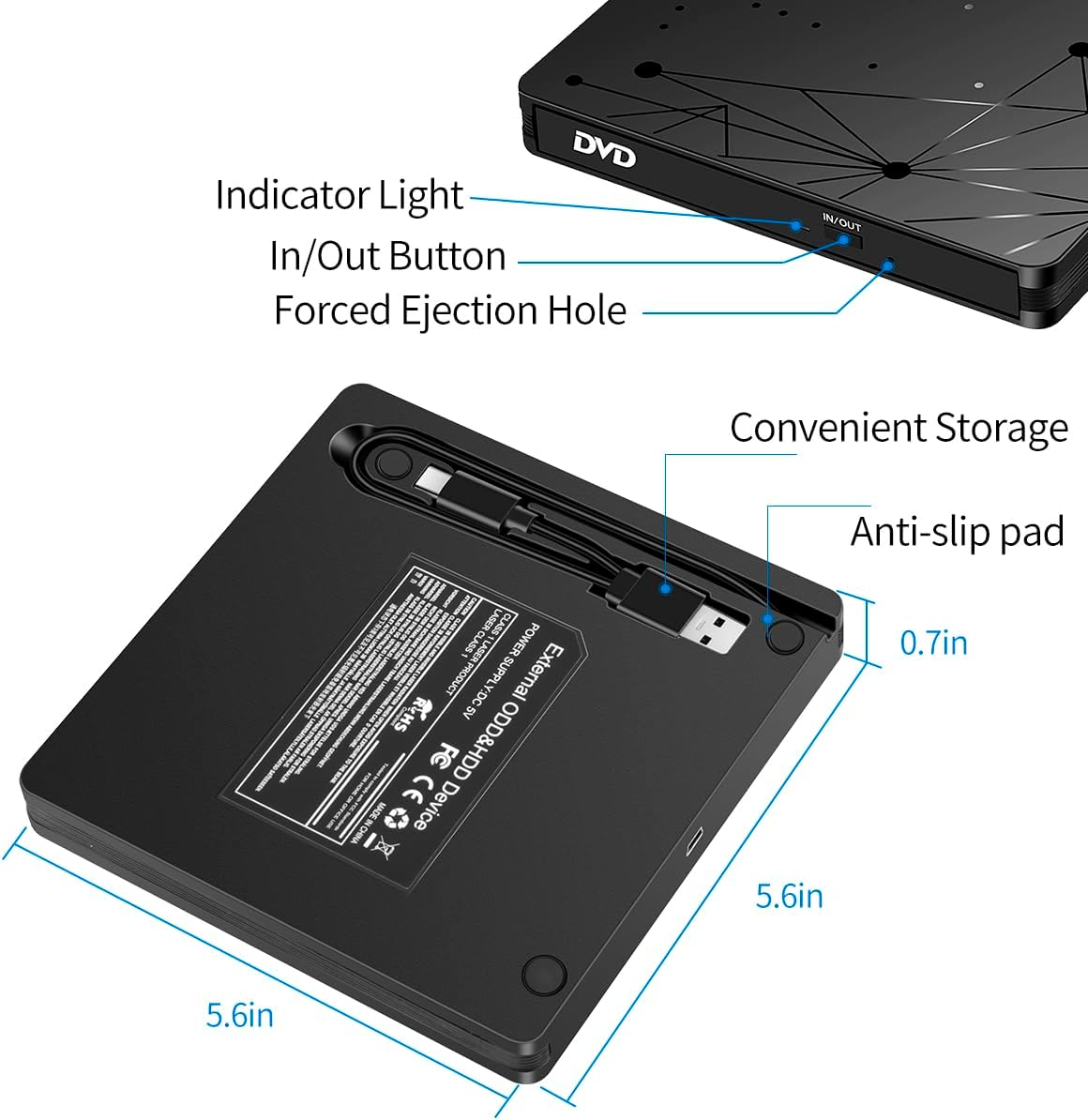 Detalle de LMEN Externes CD/DVD-Laufwerk USB 3.0 – Tragbares CD-ROM/DVD-Laufwerk für Laptop & PC