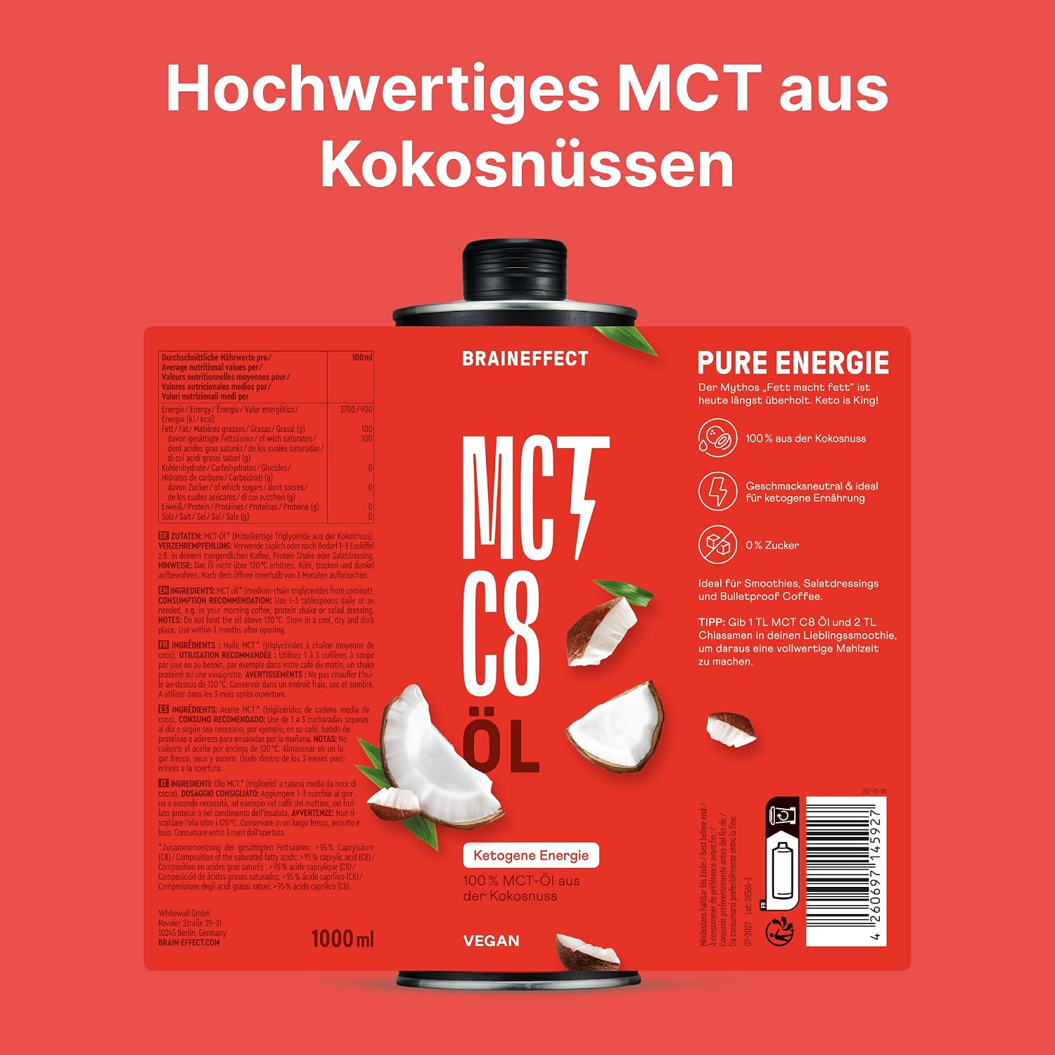 Detalle 2 de Braineffect MCT-Öl C8 (100% C8) – reiner Extrakt aus Kokosnussöl für ketogene Ernährung